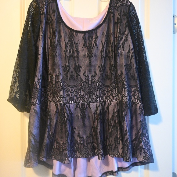 Lace Overlay Dressy Top with Pelum Waist & 3/4 sleeves - Picture 2 of 4